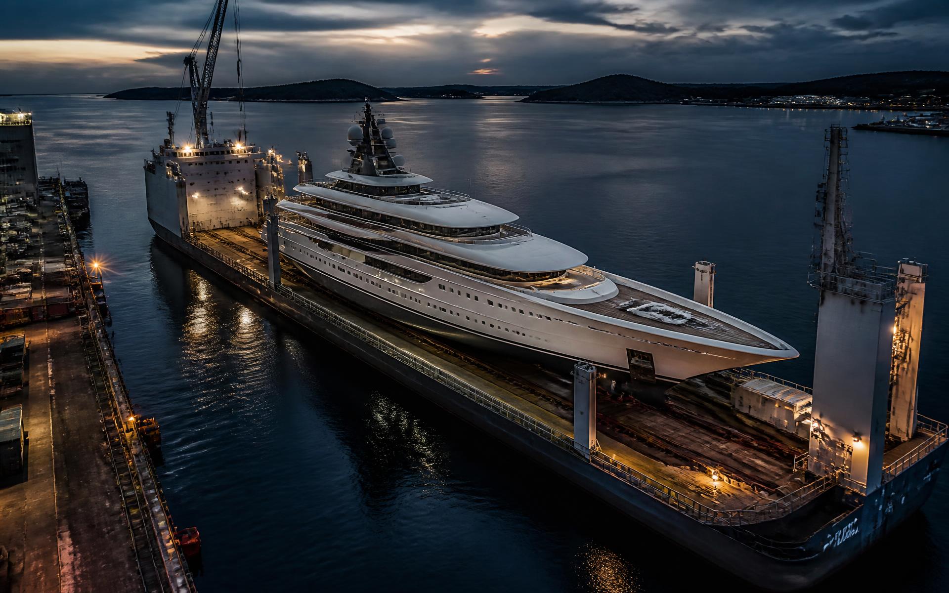 A superyacht loaded aboard a specialised transport vessel at dusk